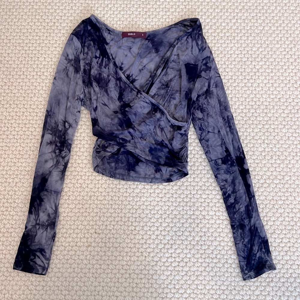 Blue tie-dye wrap crop top